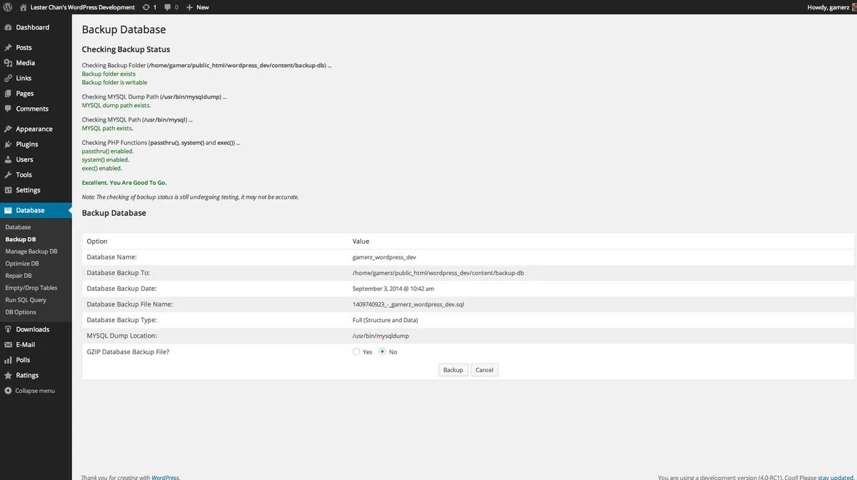 WordPress database management interface