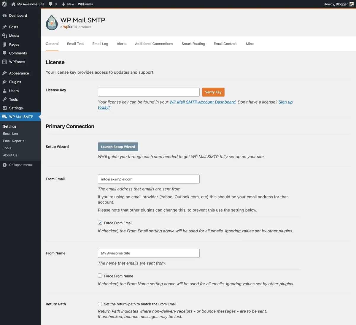 WP Mail SMTP plugin setup wizard showing provider selection