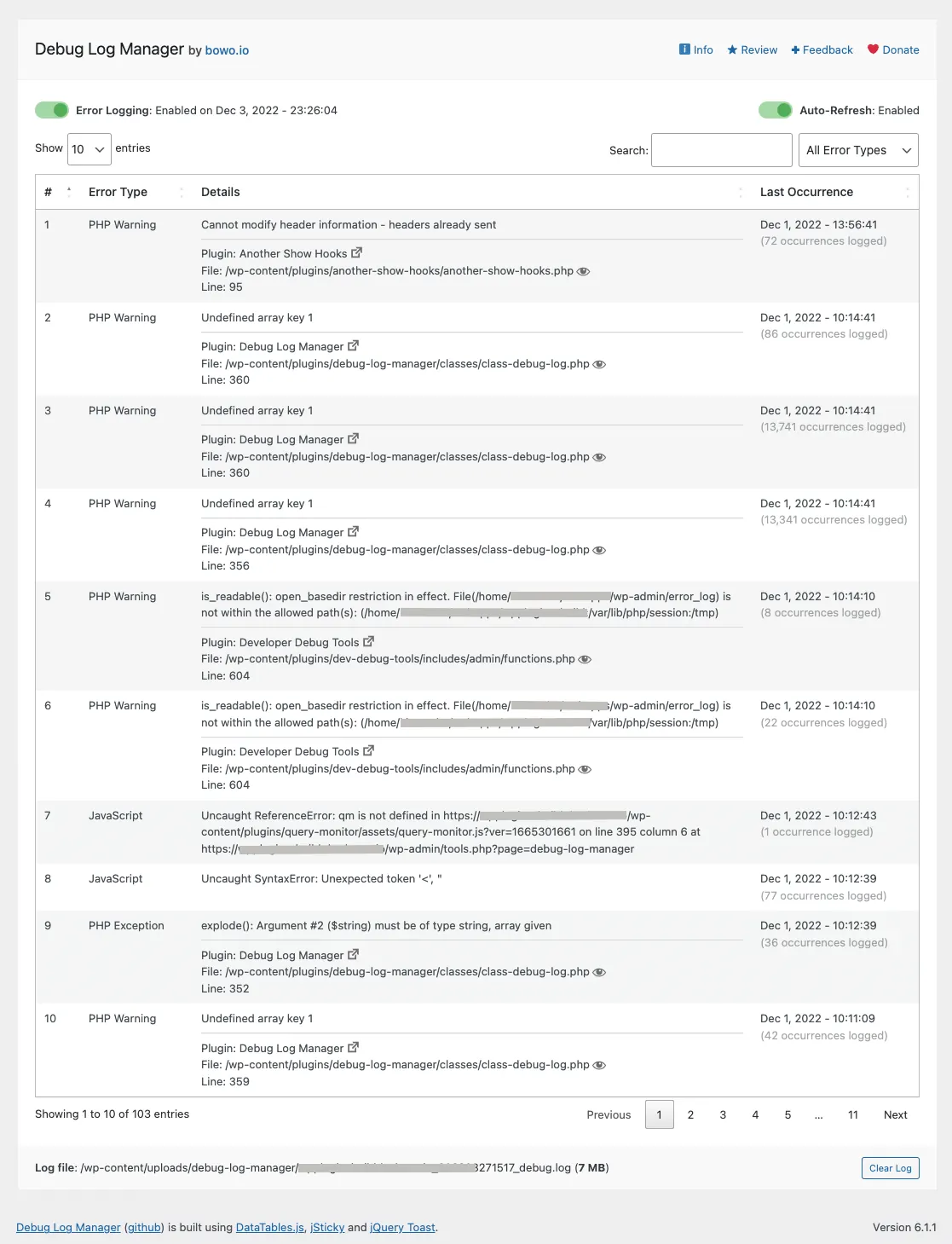 WordPress debug log viewer