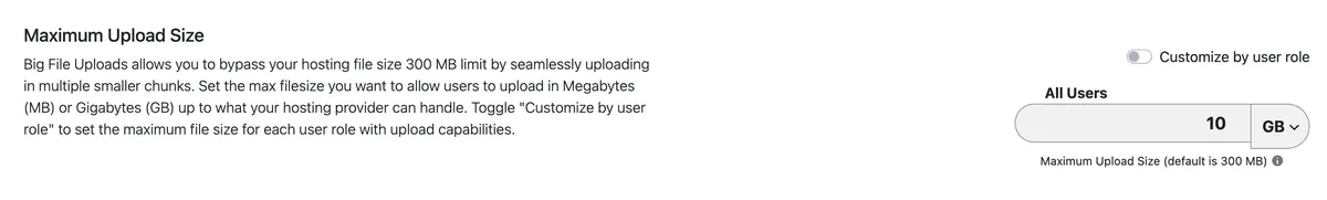 Big File Uploads plugin settings slider in WordPress admin