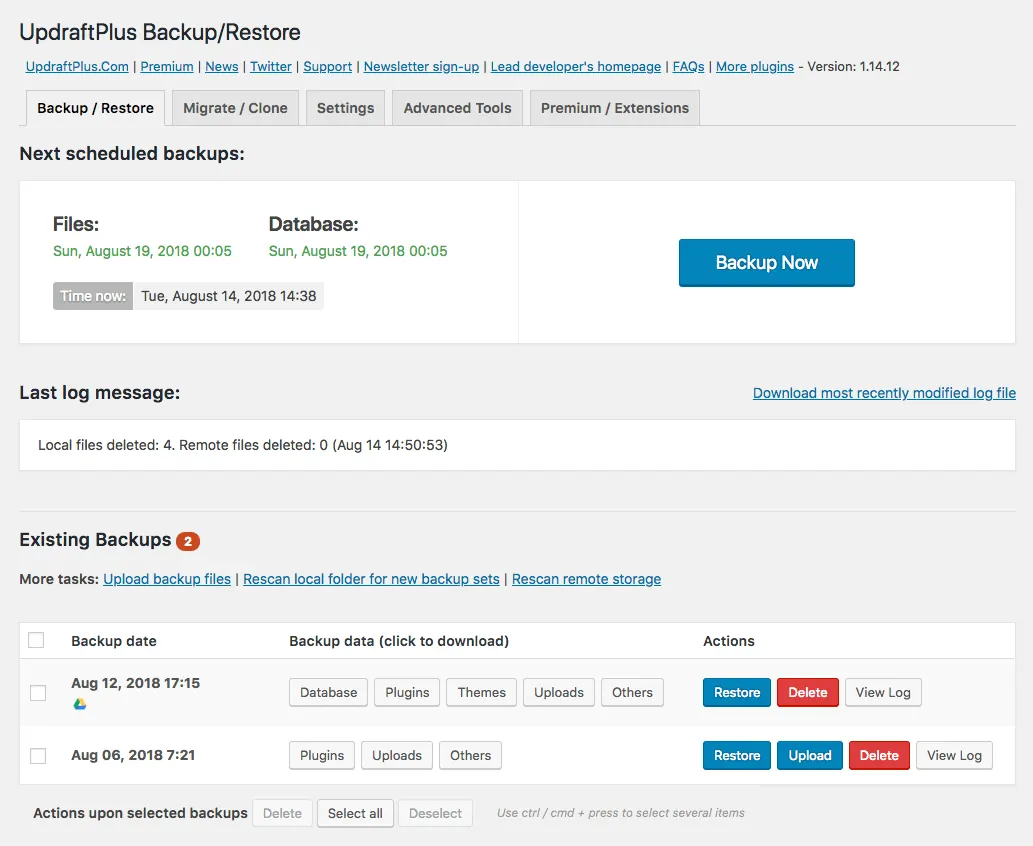 UpdraftPlus backup interface