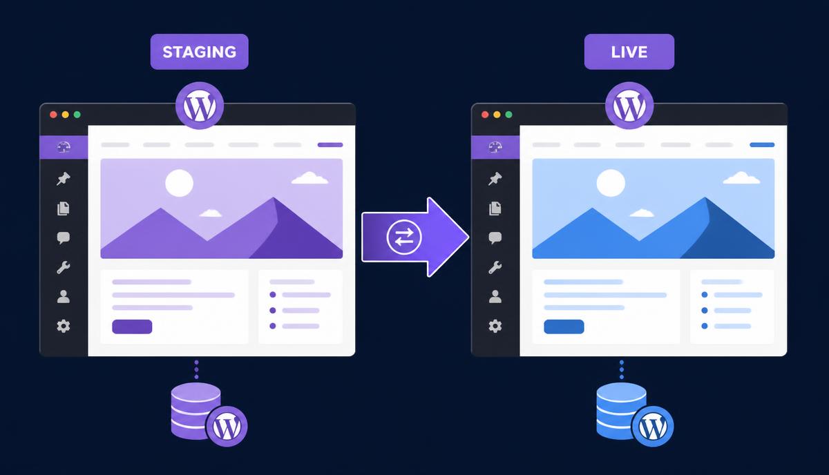 WordPress staging site and live site shown side by side with changes pushed from staging to live