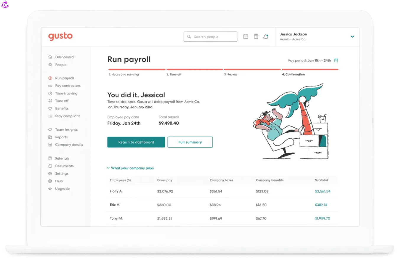 Gusto Automated Payroll dashboard displaying successful payroll run with confetti animation.