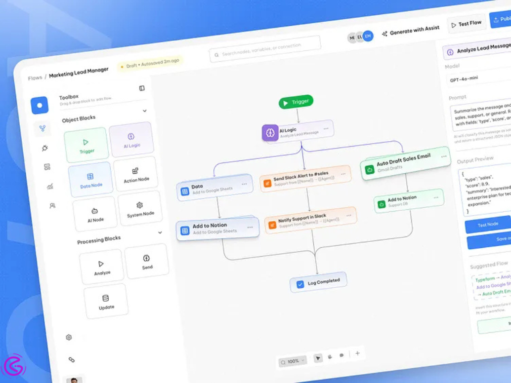 Visual automation builder showing workflow branches and automation logic blocks