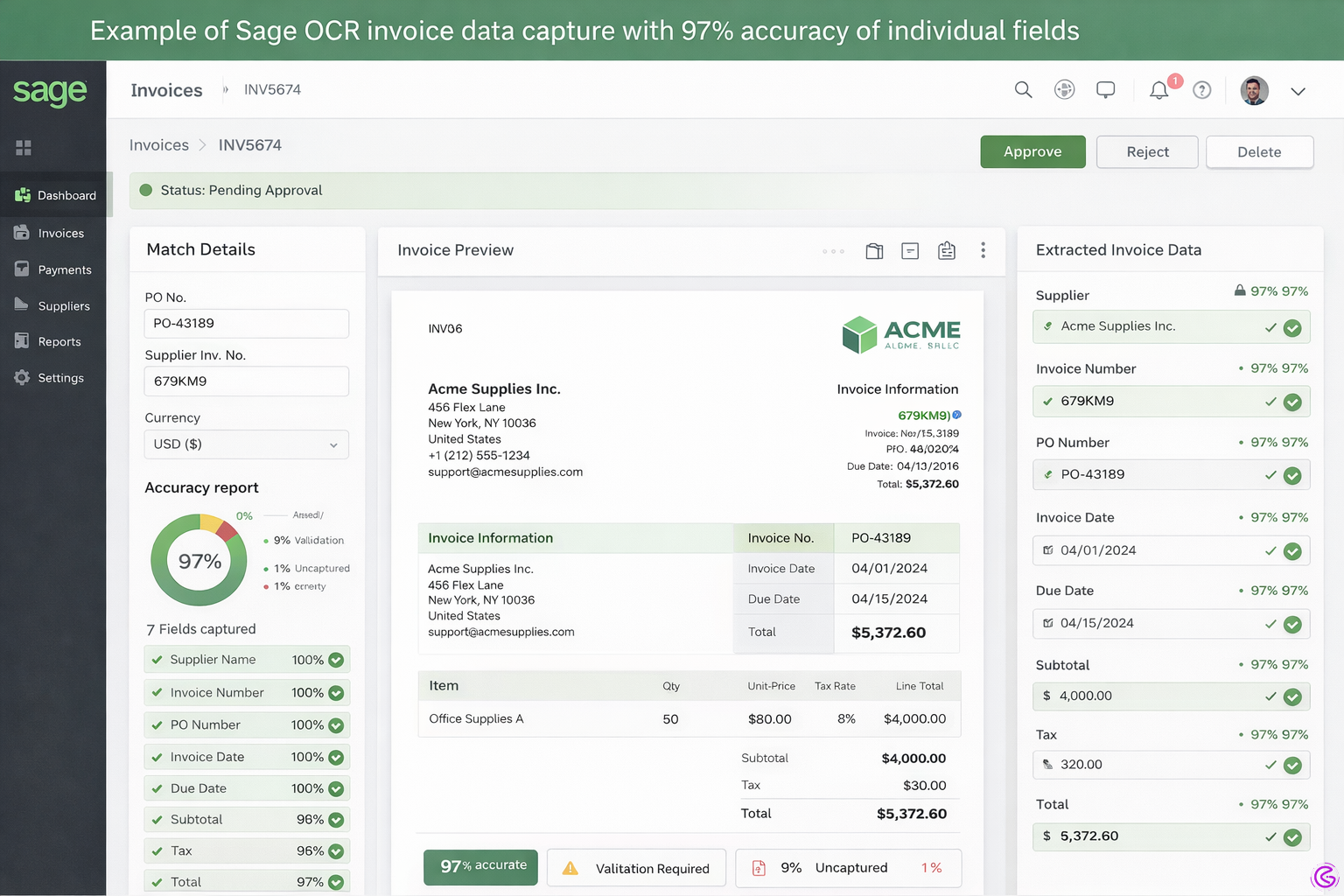 Example of Sage's native OCR capturing 97% of individual fields in a single-pass read